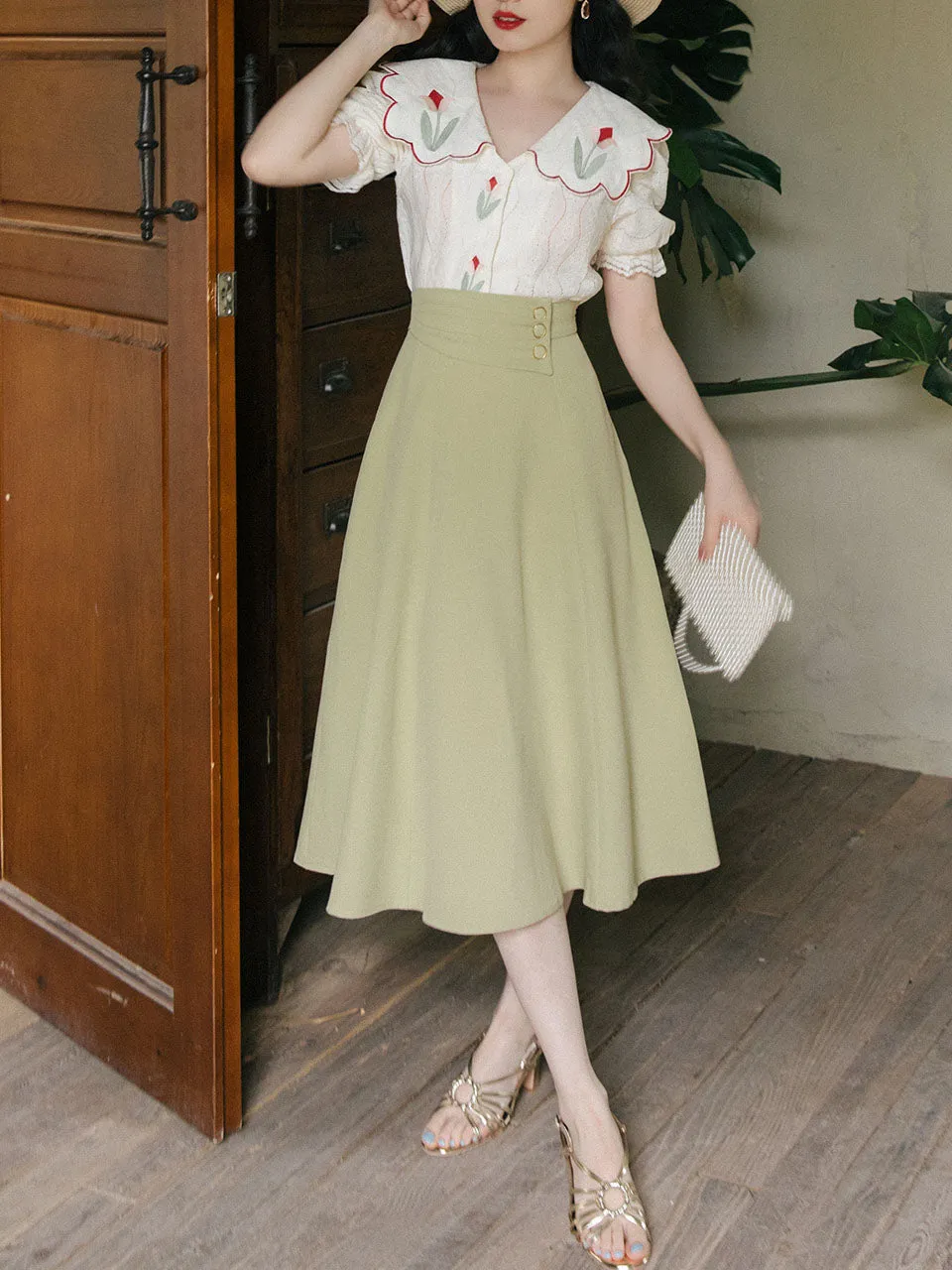 2PS Green Peter Pan Collar Lace Tulip Embroidered Shirt And Swing Skirt Dress Set