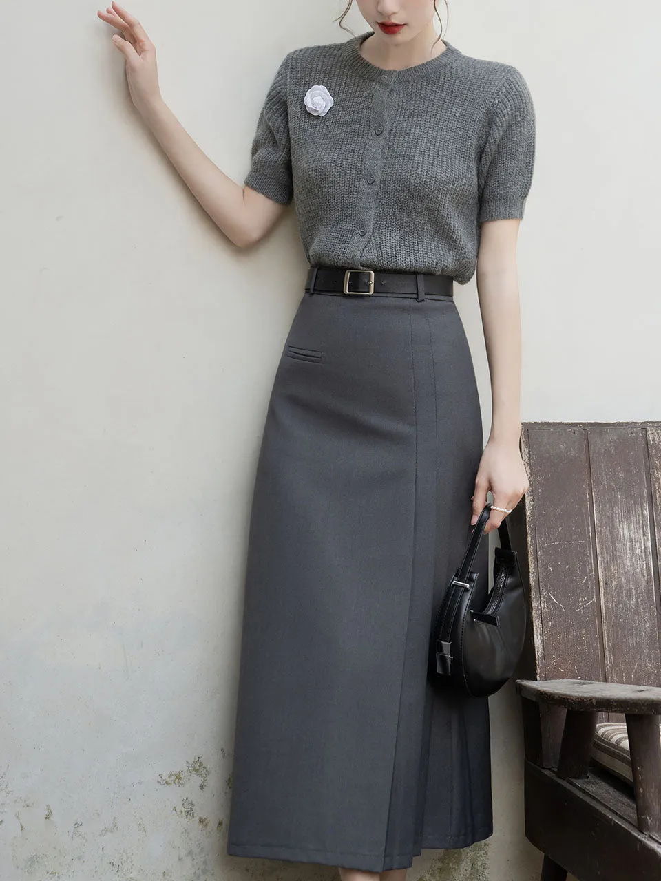 2PS Grey Short Sleeve Knitted Sweater And Fishtail Skirt Suit