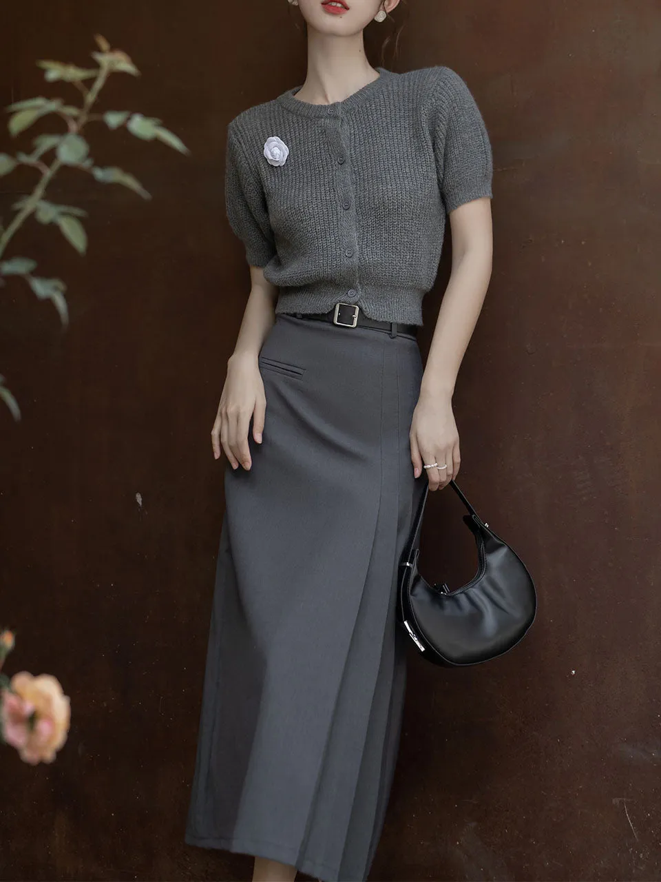 2PS Grey Short Sleeve Knitted Sweater And Fishtail Skirt Suit