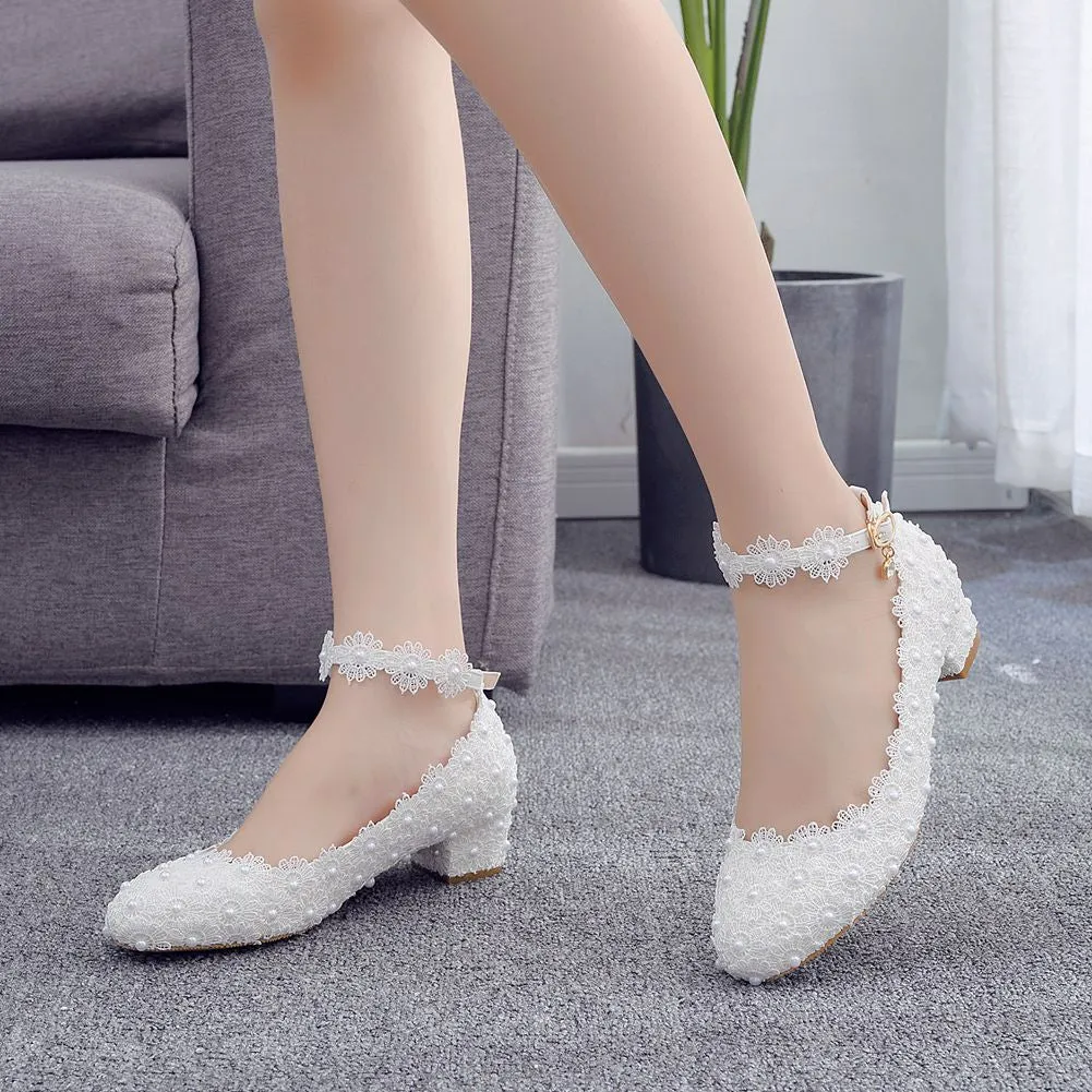 3CM High Heels Women Shoes White Lace Wedding Footwear Sexy Bridal Party Pointed Toe Shallow Mouth