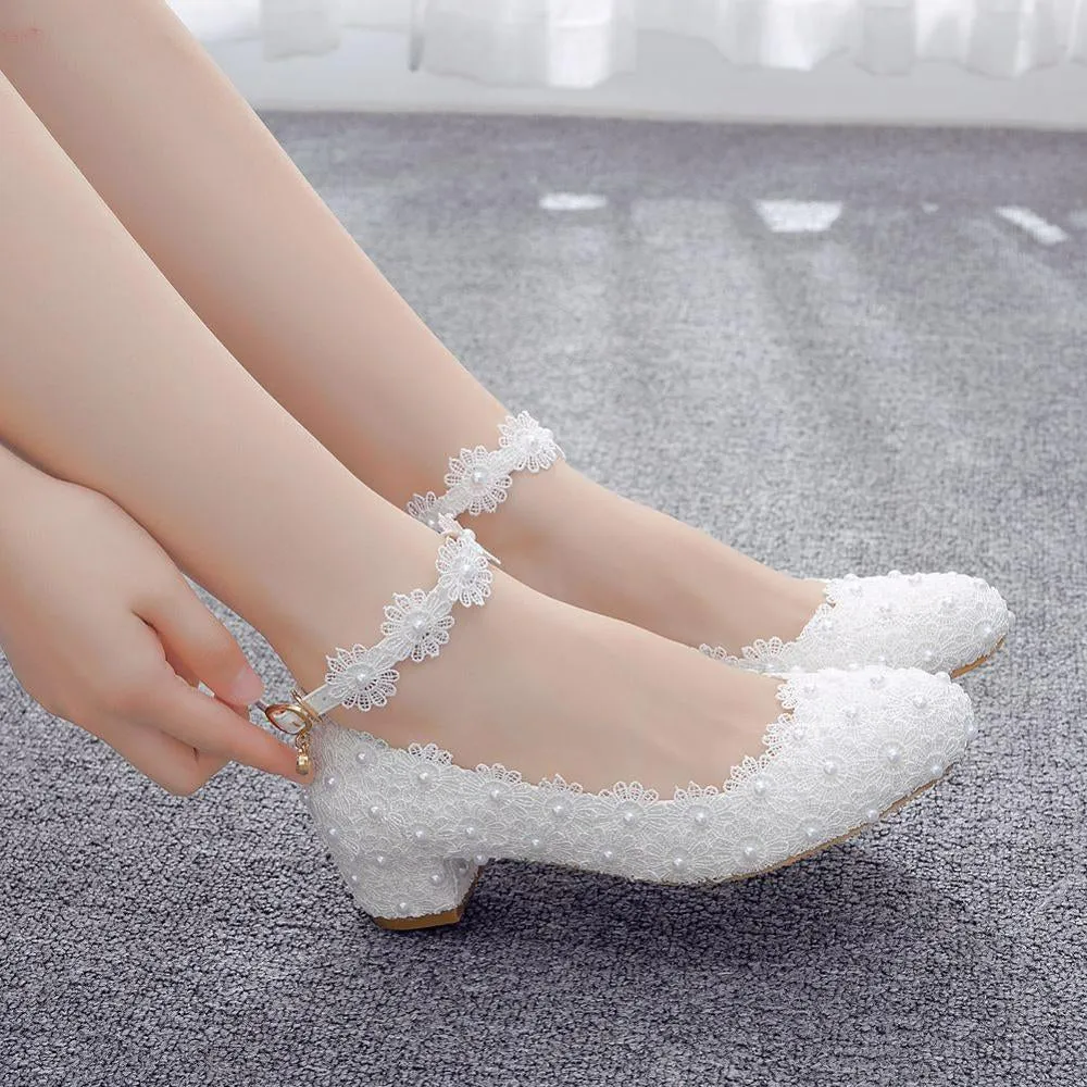 3CM High Heels Women Shoes White Lace Wedding Footwear Sexy Bridal Party Pointed Toe Shallow Mouth