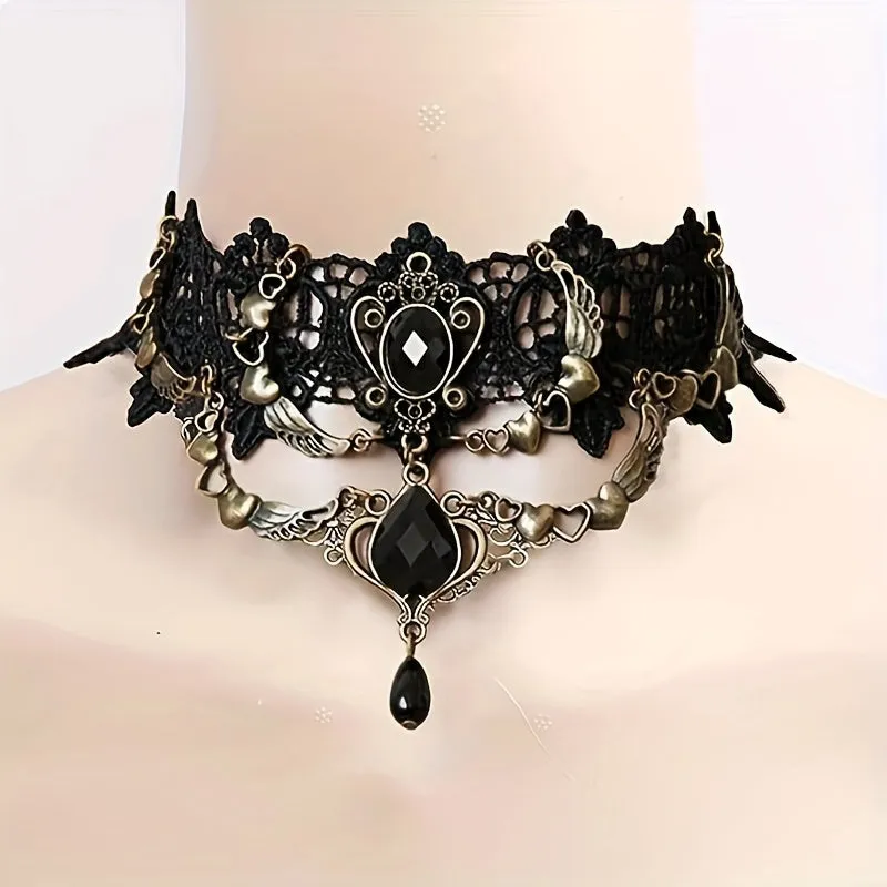 5pc Gothic Steampunk Choker Necklaces Set For Women Elegant Pedant Design Black Lace Collar Necklace Jewelry, Punk Style Festive Costume Accessories