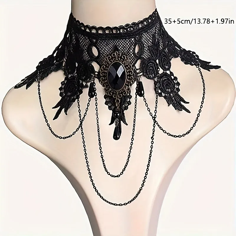 5pc Gothic Steampunk Choker Necklaces Set For Women Elegant Pedant Design Black Lace Collar Necklace Jewelry, Punk Style Festive Costume Accessories