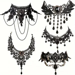 5pc Gothic Steampunk Choker Necklaces Set For Women Elegant Pedant Design Black Lace Collar Necklace Jewelry, Punk Style Festive Costume Accessories