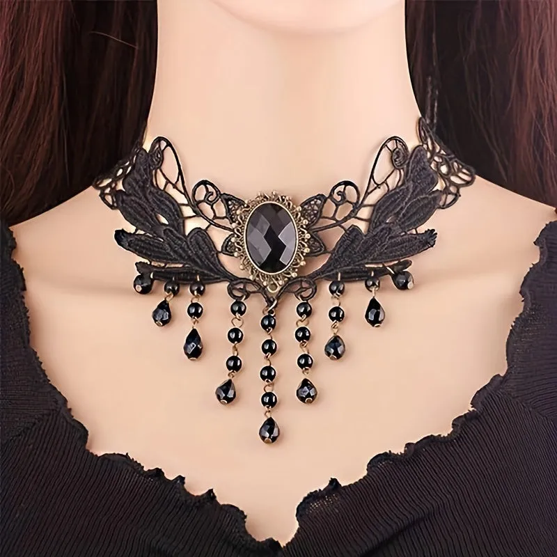 5pc Gothic Steampunk Choker Necklaces Set For Women Elegant Pedant Design Black Lace Collar Necklace Jewelry, Punk Style Festive Costume Accessories