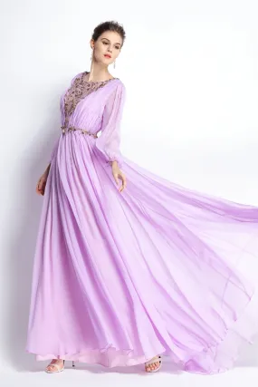 A-Line Floor-length Sweep Brush Train Bateau Chiffon Long Sleeve Prom Dress with Beading and Pleats-334098