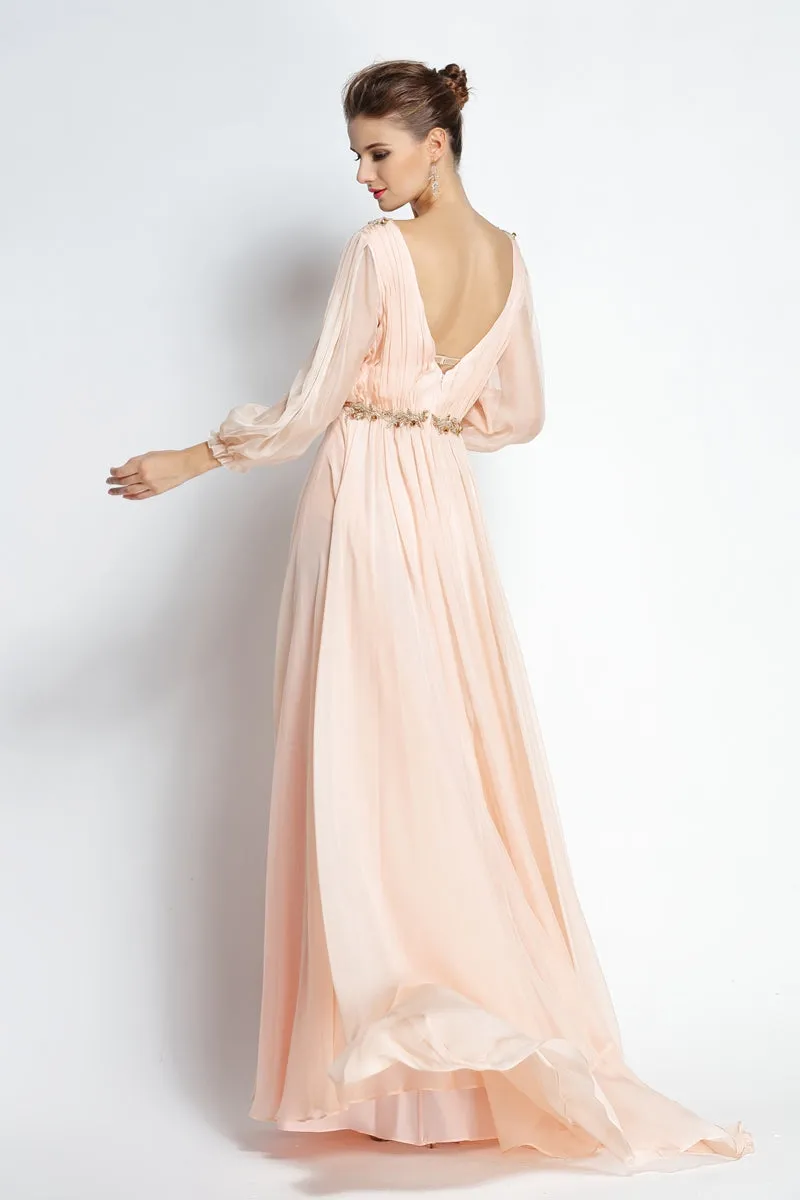 A-Line Floor-length Sweep Brush Train Bateau Chiffon Long Sleeve Prom Dress with Beading and Pleats-334099