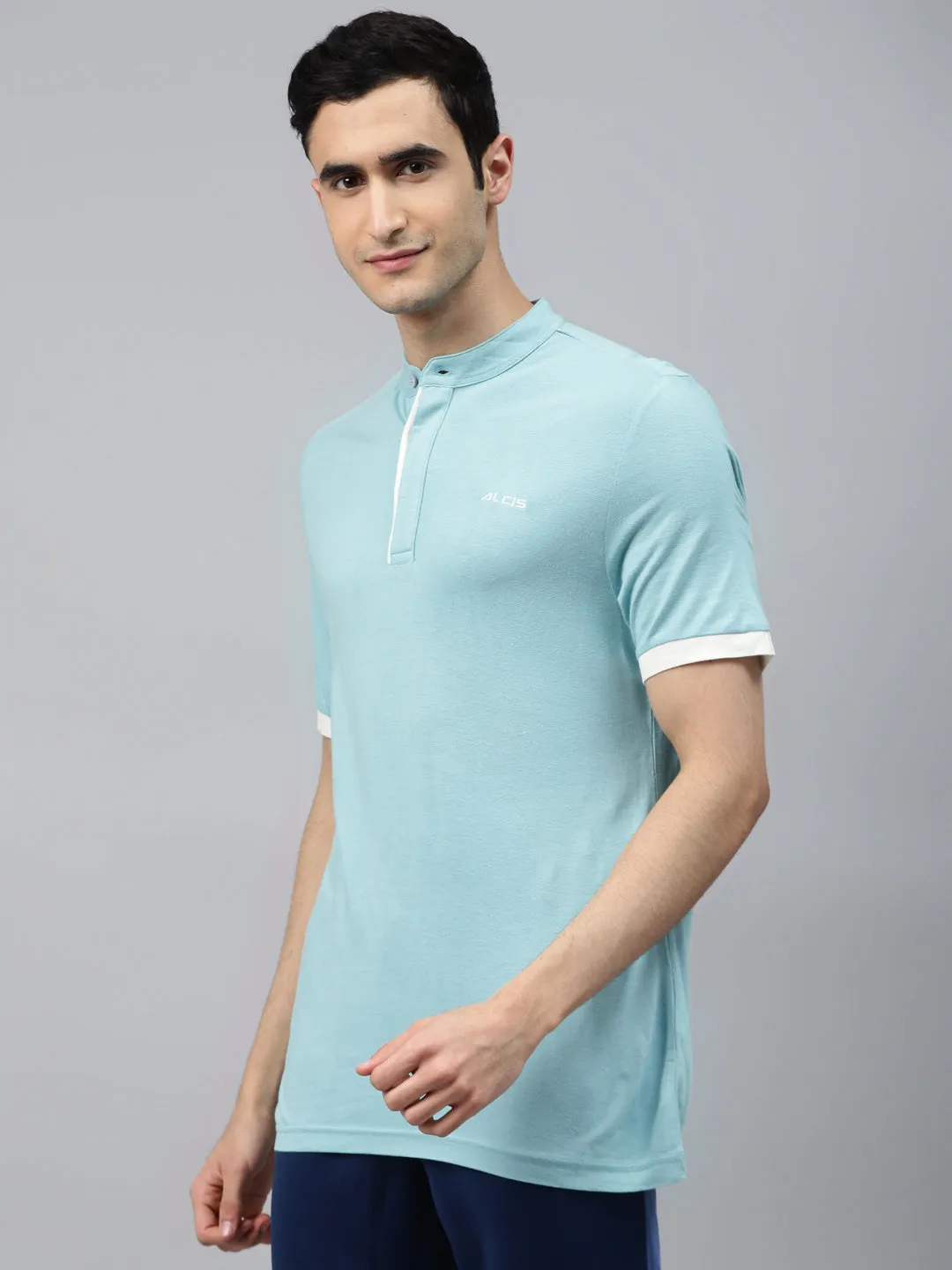 Alcis Men Blue Solid Mandarin Collar T-shirt