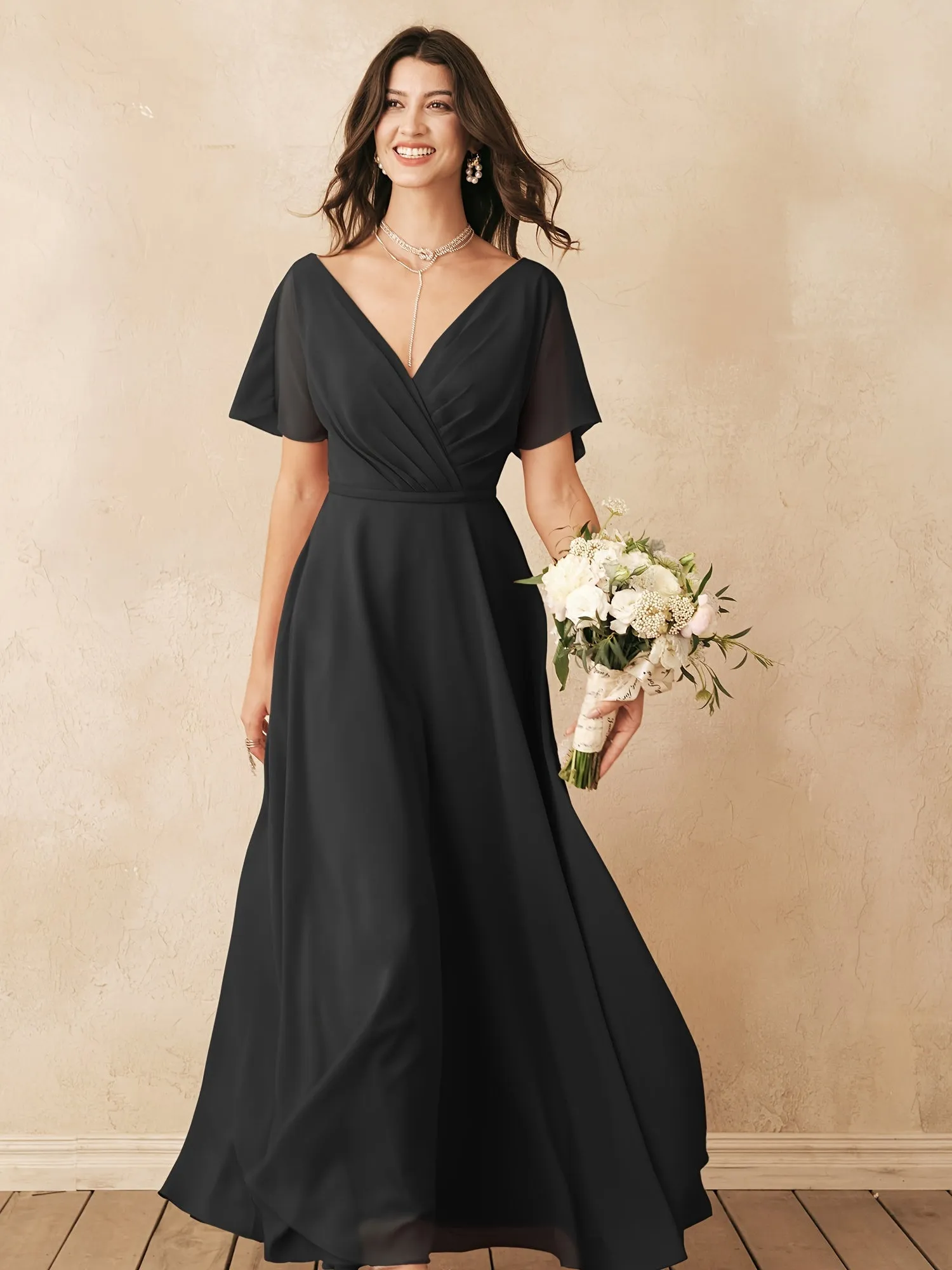 ALICEPUB Plus Size Wrap V-Neck Bridesmaid Dress Chiffon Long Maxi Formal Dress For Women Party Evening Short Sleeves