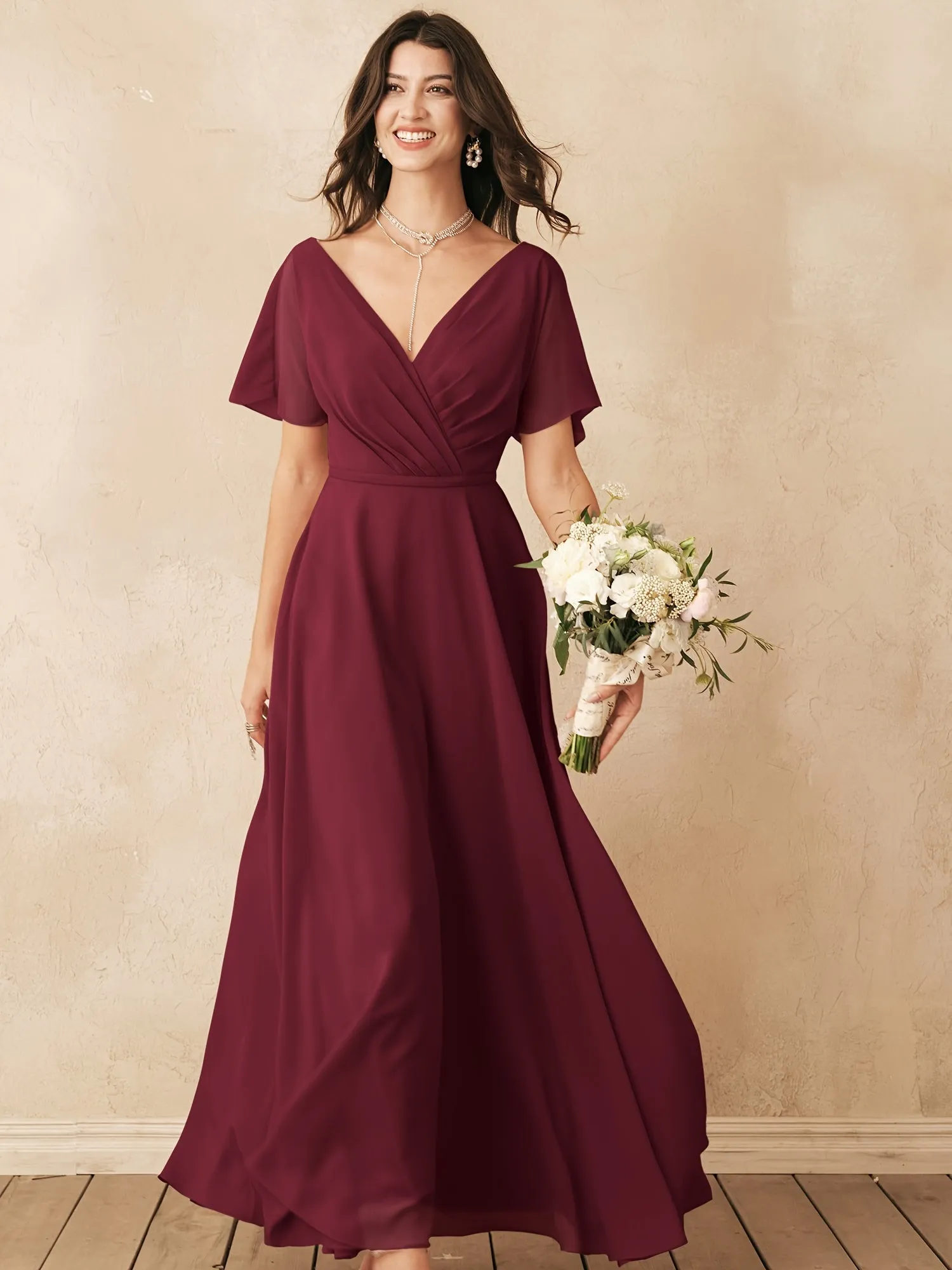 ALICEPUB Plus Size Wrap V-Neck Bridesmaid Dress Chiffon Long Maxi Formal Dress For Women Party Evening Short Sleeves