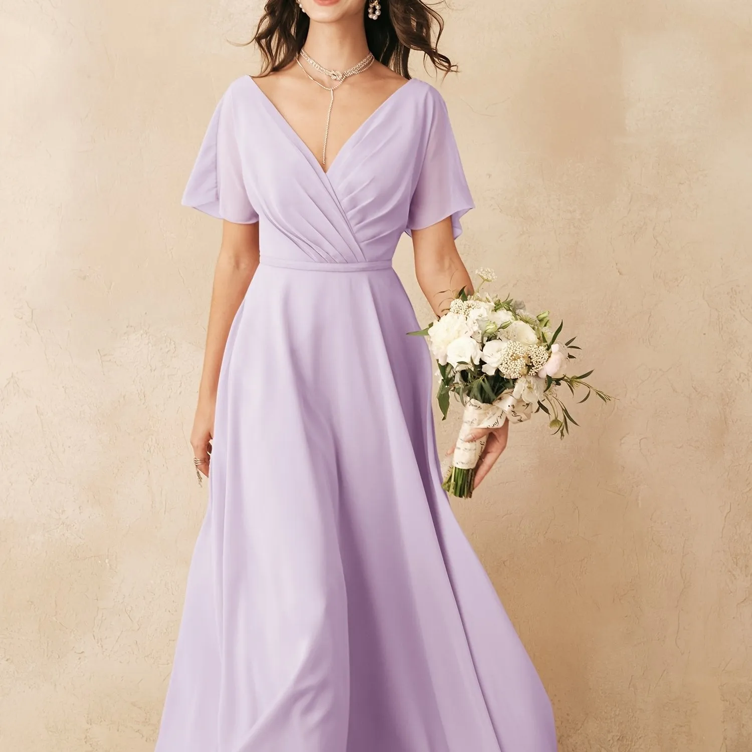 ALICEPUB Plus Size Wrap V-Neck Bridesmaid Dress Chiffon Long Maxi Formal Dress For Women Party Evening Short Sleeves