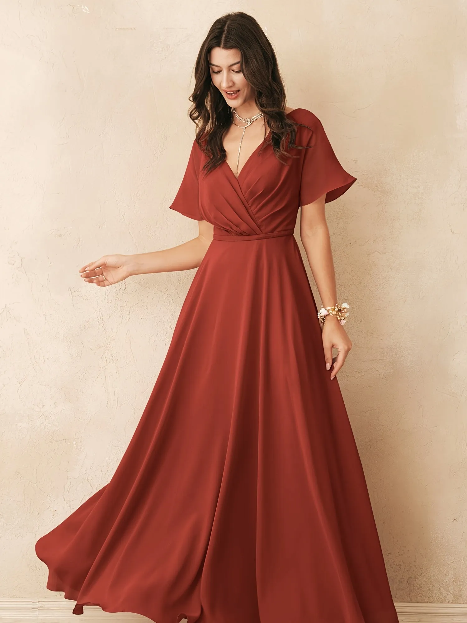 ALICEPUB Plus Size Wrap V-Neck Bridesmaid Dress Chiffon Long Maxi Formal Dress For Women Party Evening Short Sleeves