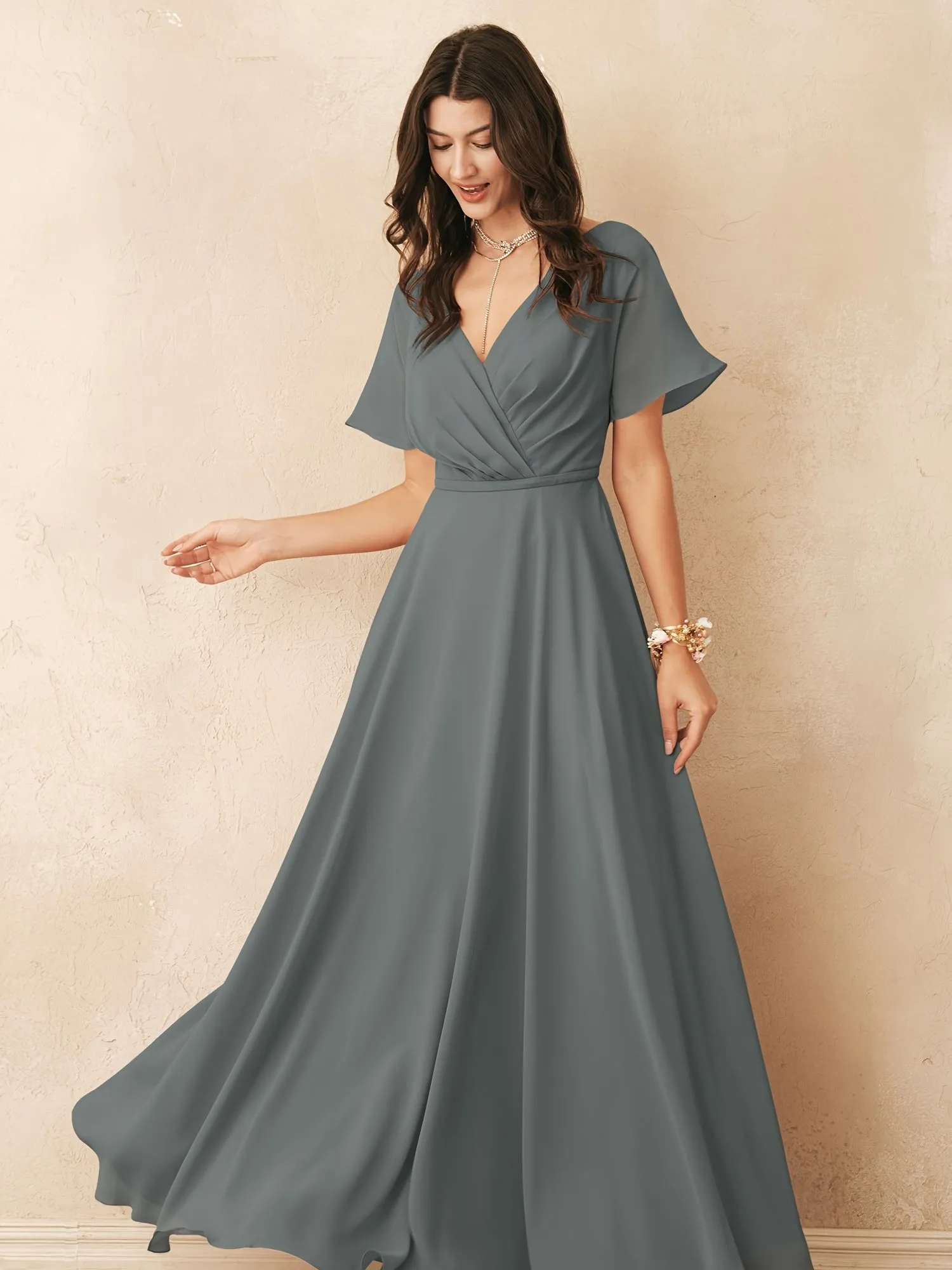 ALICEPUB Plus Size Wrap V-Neck Bridesmaid Dress Chiffon Long Maxi Formal Dress For Women Party Evening Short Sleeves