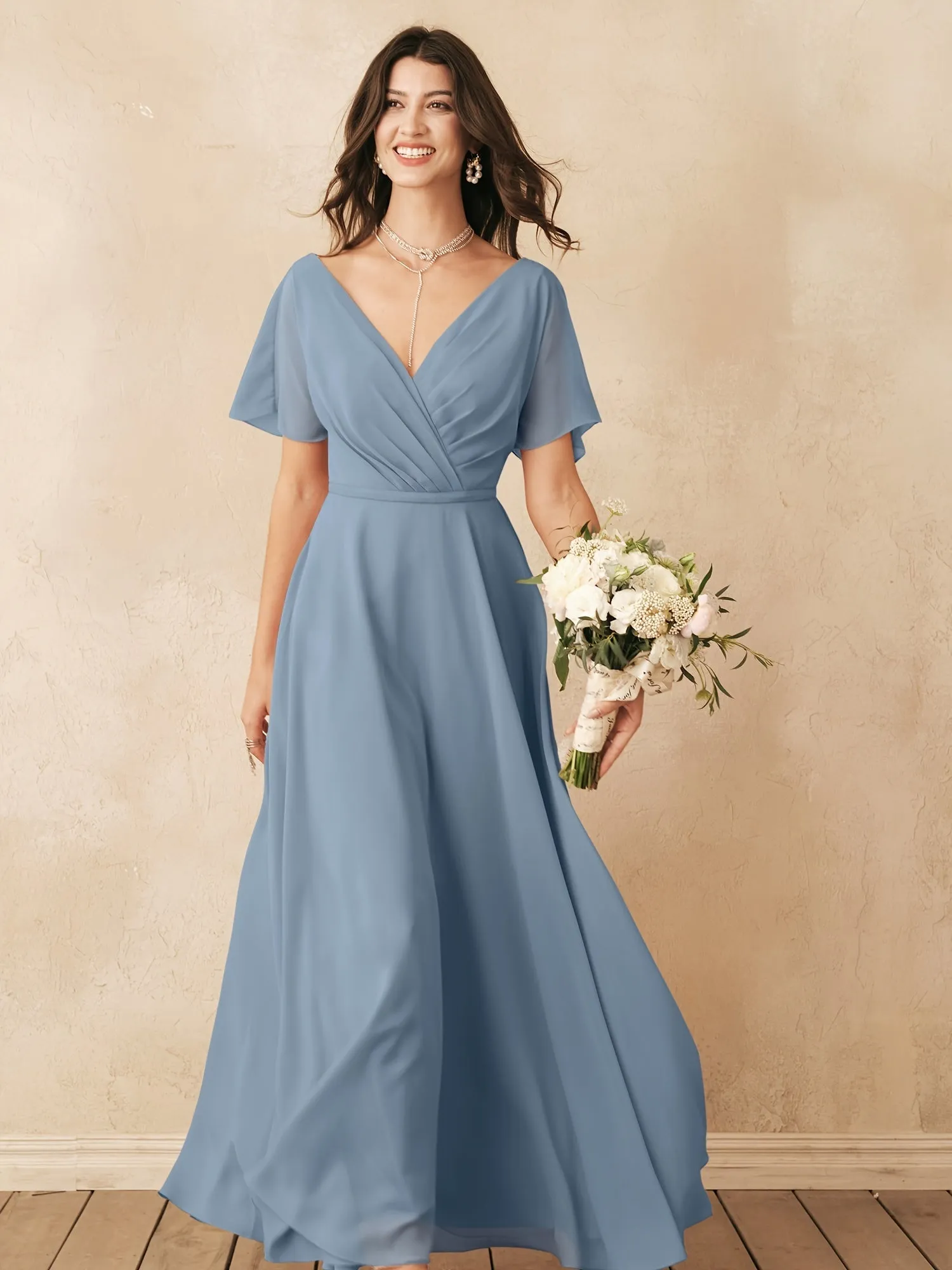 ALICEPUB Plus Size Wrap V-Neck Bridesmaid Dress Chiffon Long Maxi Formal Dress For Women Party Evening Short Sleeves