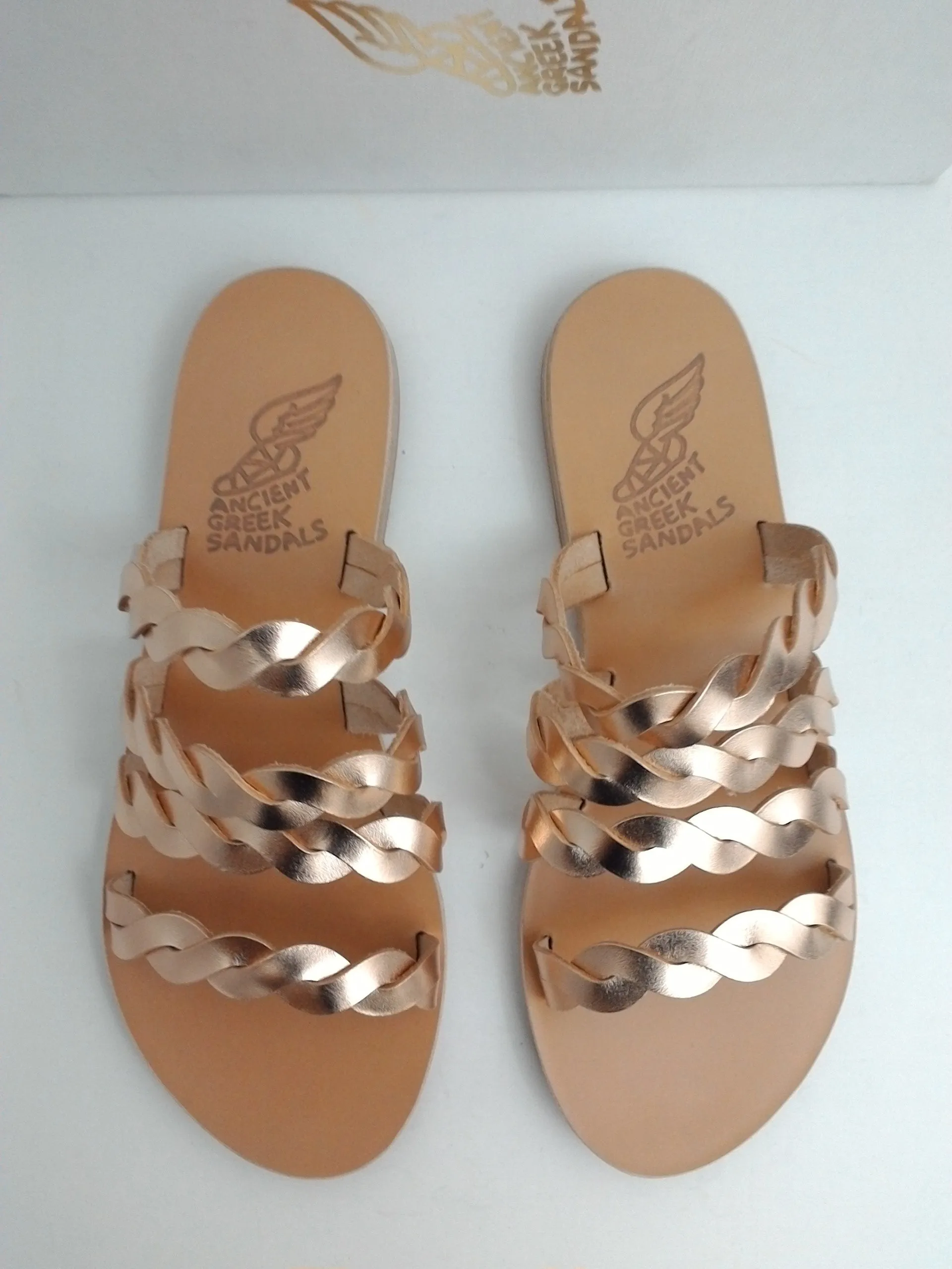 Ancient Greek Sandals Women's Flat Sandals Rose Gold Leather Size 38