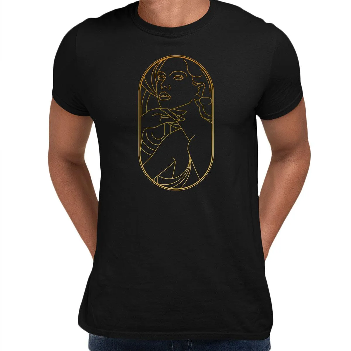 Art Deco Elegant Portraits Unisex T-shirt Golden Nostalgia Soft Line Design 5