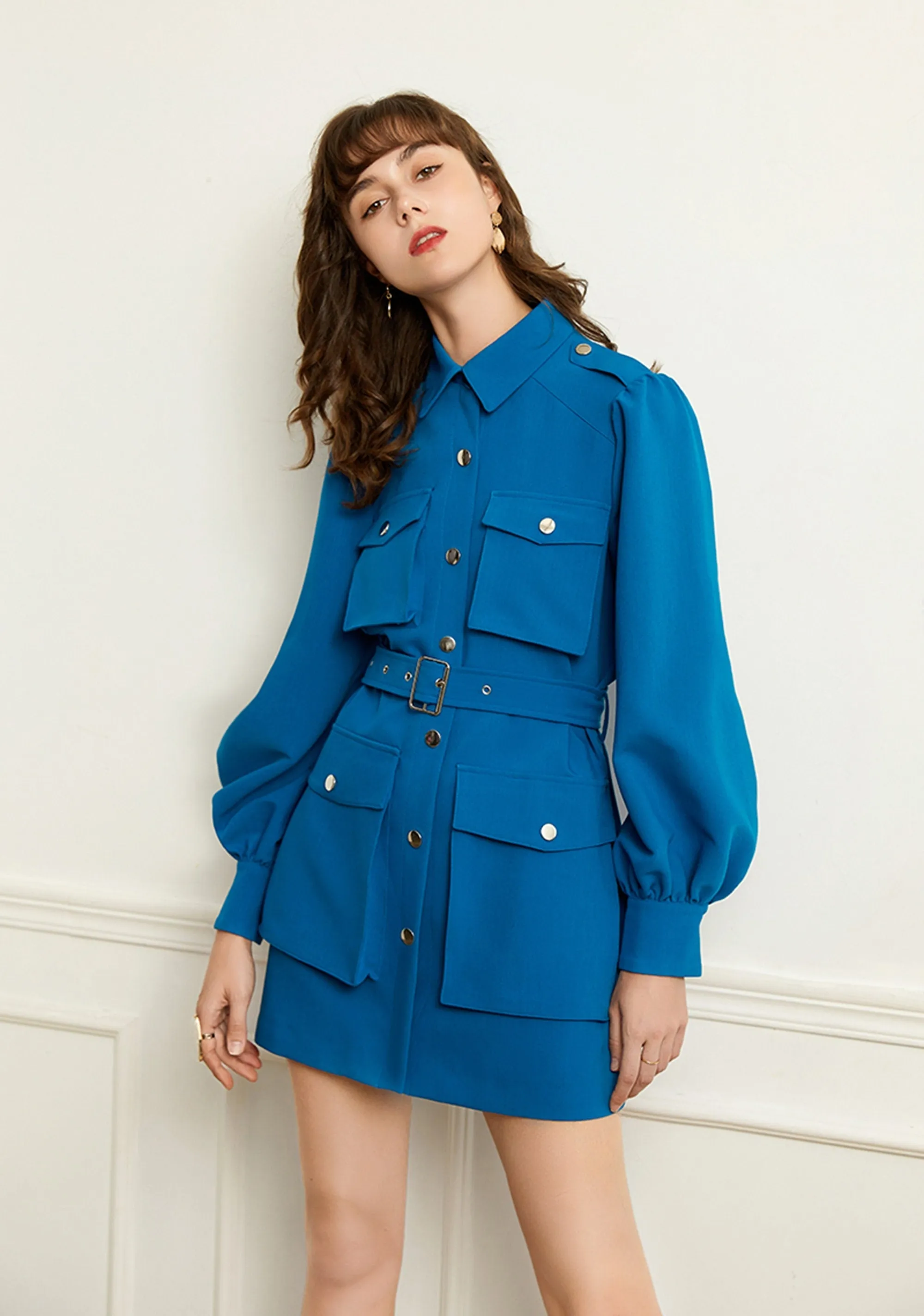 Blue Epaulet Belted Pocket Puff Sleeve Jacket