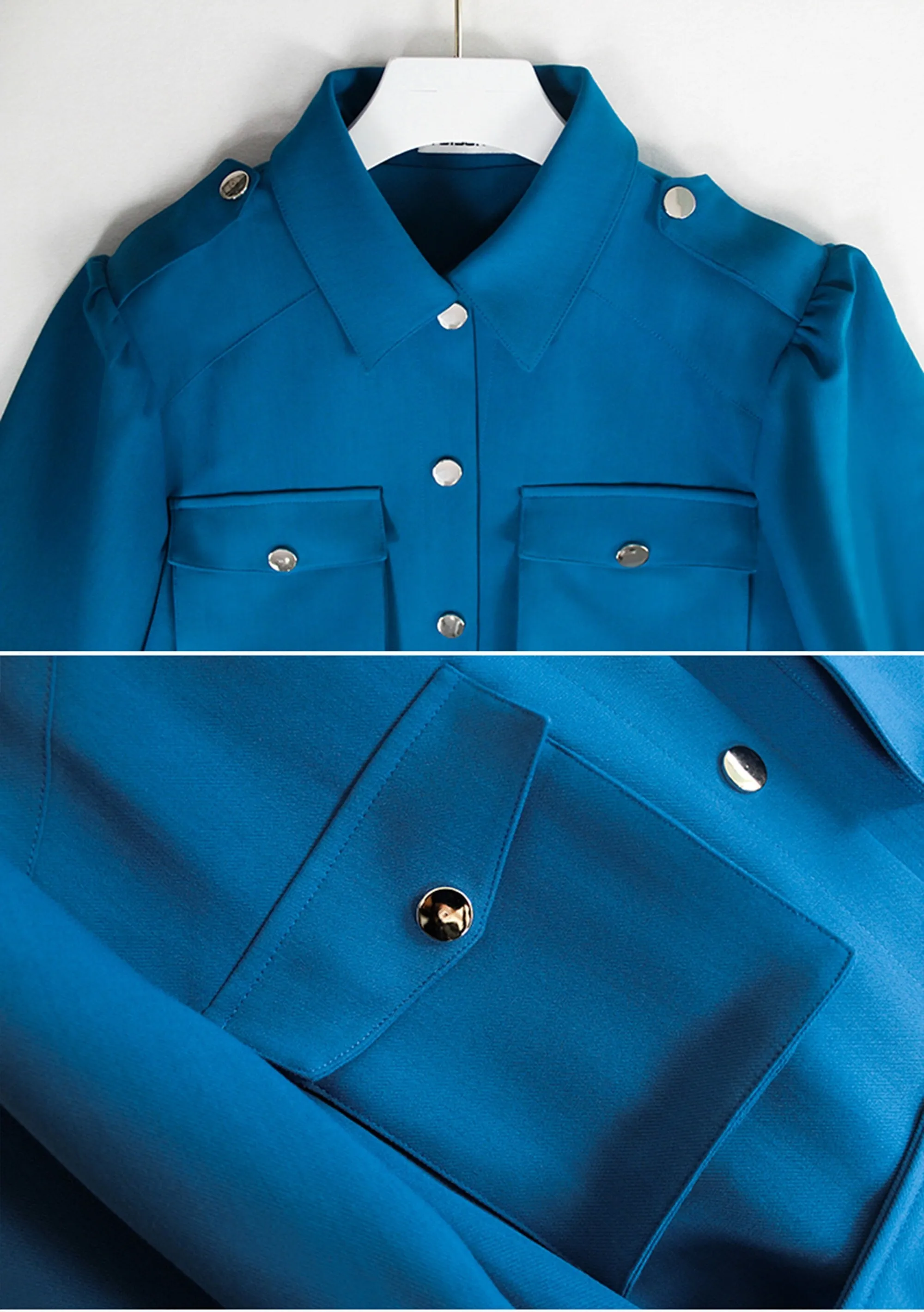 Blue Epaulet Belted Pocket Puff Sleeve Jacket