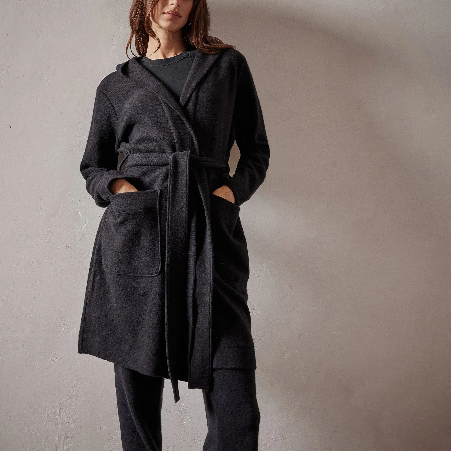 Brushed Thermal Knit Hooded Robe - Black