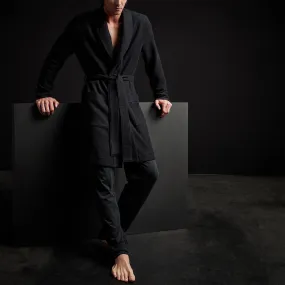 Brushed Thermal Knit Hooded Robe - Black