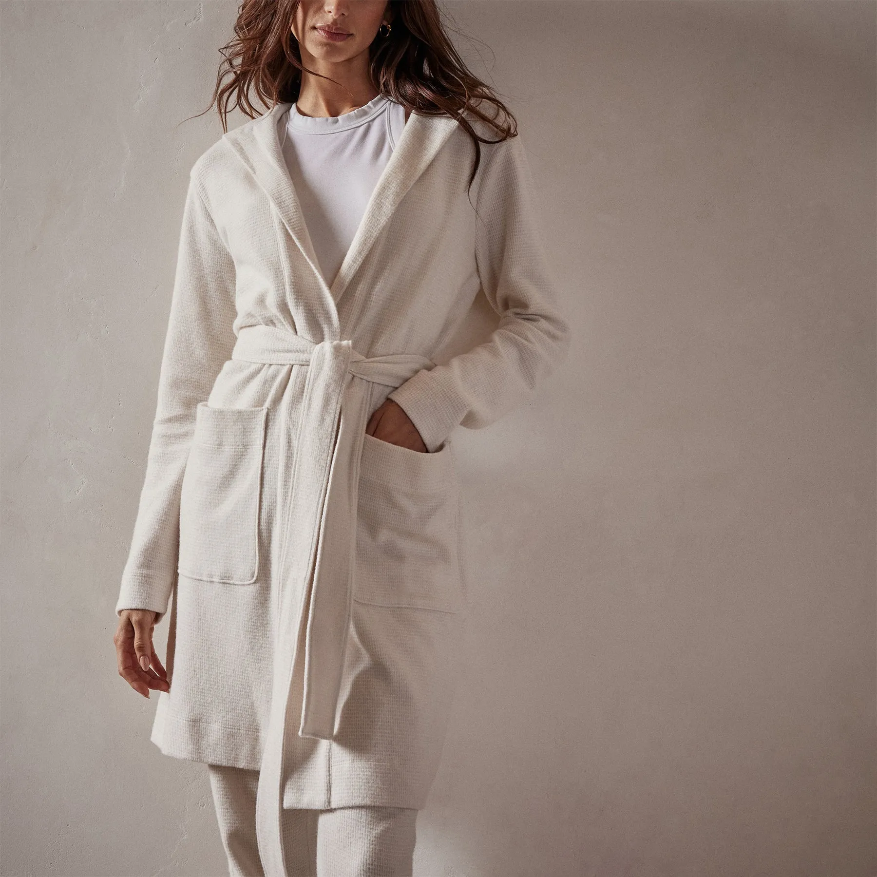 Brushed Thermal Knit Hooded Robe - Oyster