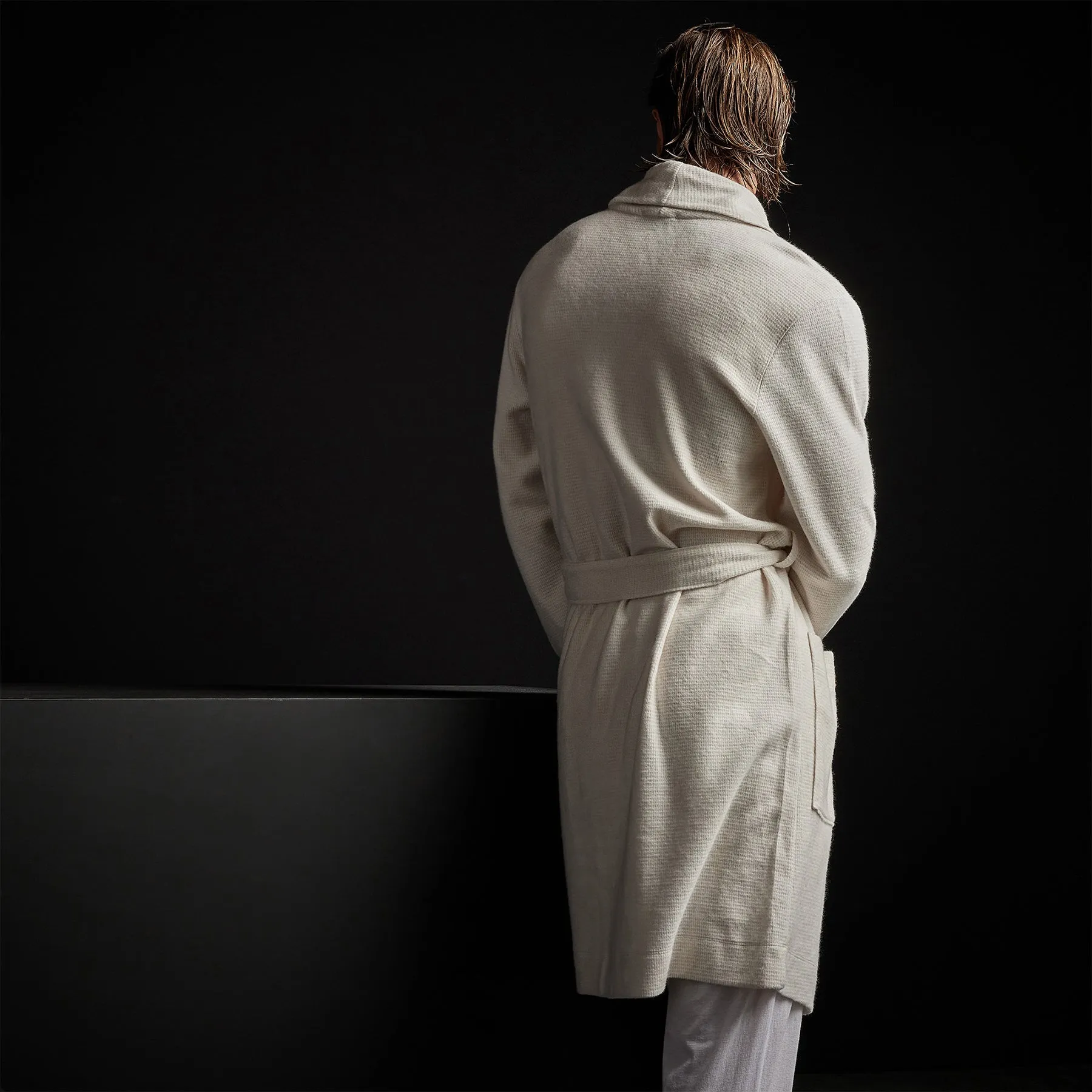 Brushed Thermal Knit Hooded Robe - Oyster