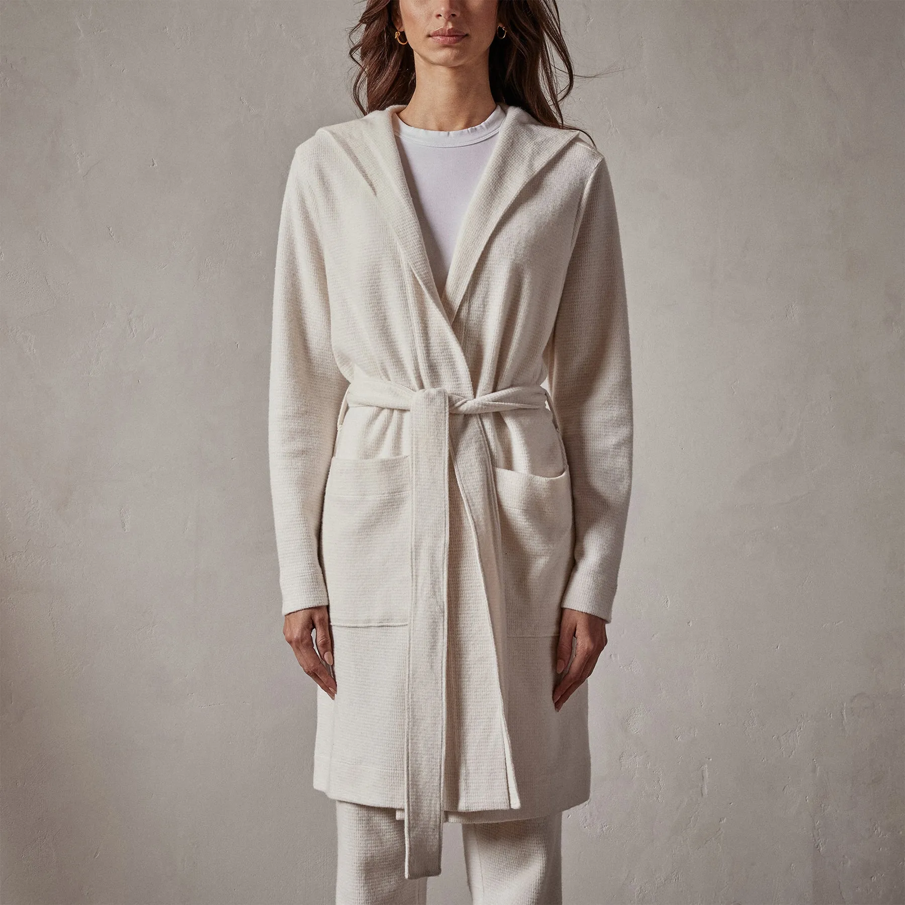 Brushed Thermal Knit Hooded Robe - Oyster