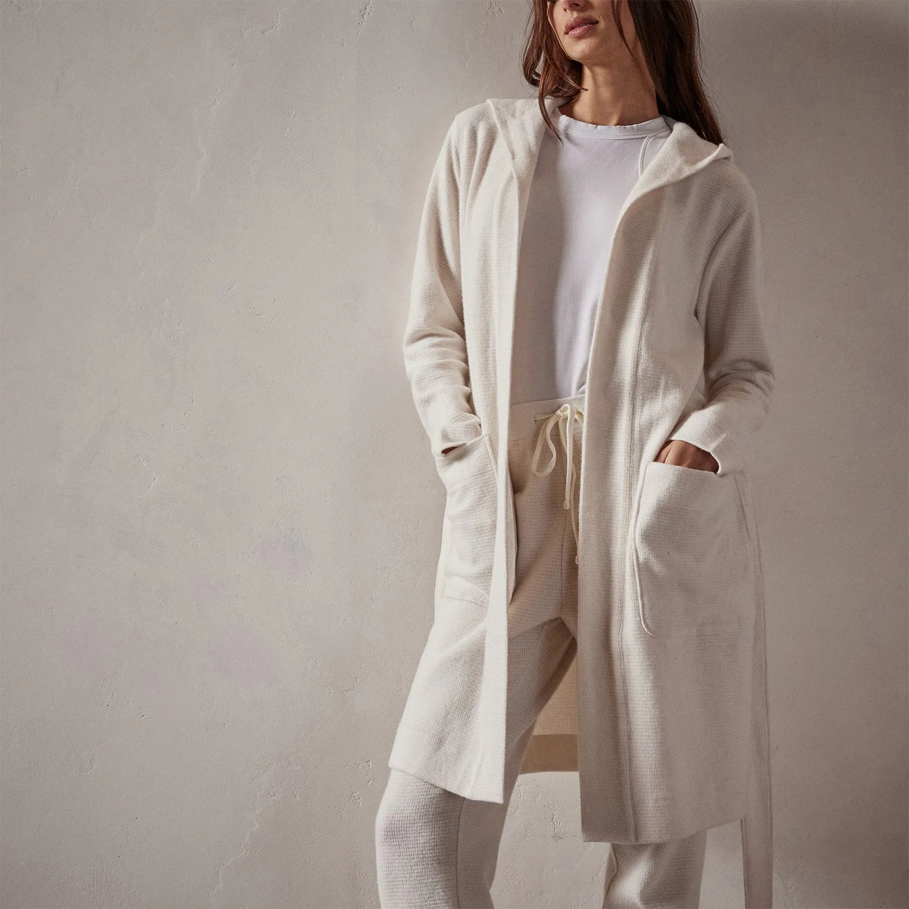 Brushed Thermal Knit Hooded Robe - Oyster