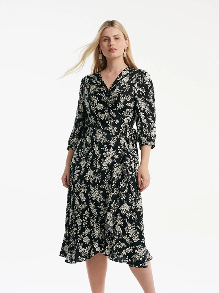 Camellia Printed V-Neck Ruffle Hem Women Midi Wrap Dress