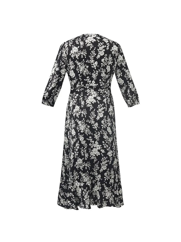 Camellia Printed V-Neck Ruffle Hem Women Midi Wrap Dress