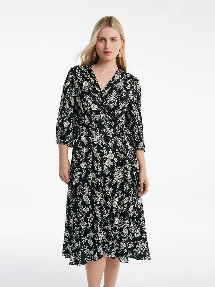 Camellia Printed V-Neck Ruffle Hem Women Midi Wrap Dress