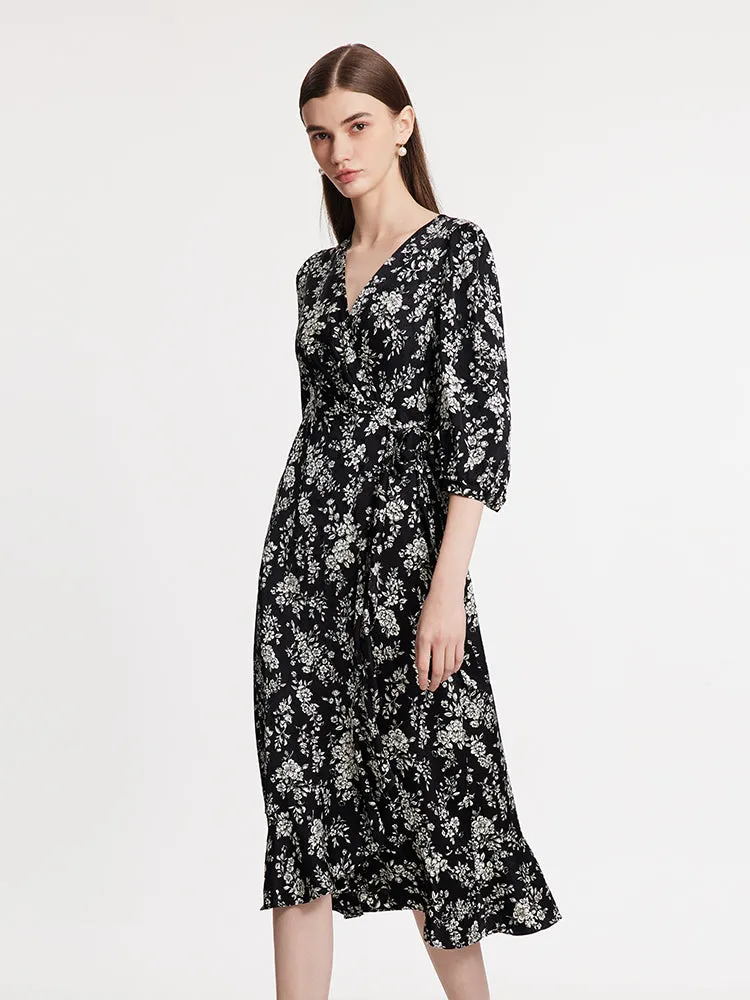 Camellia Printed V-Neck Ruffle Hem Women Midi Wrap Dress