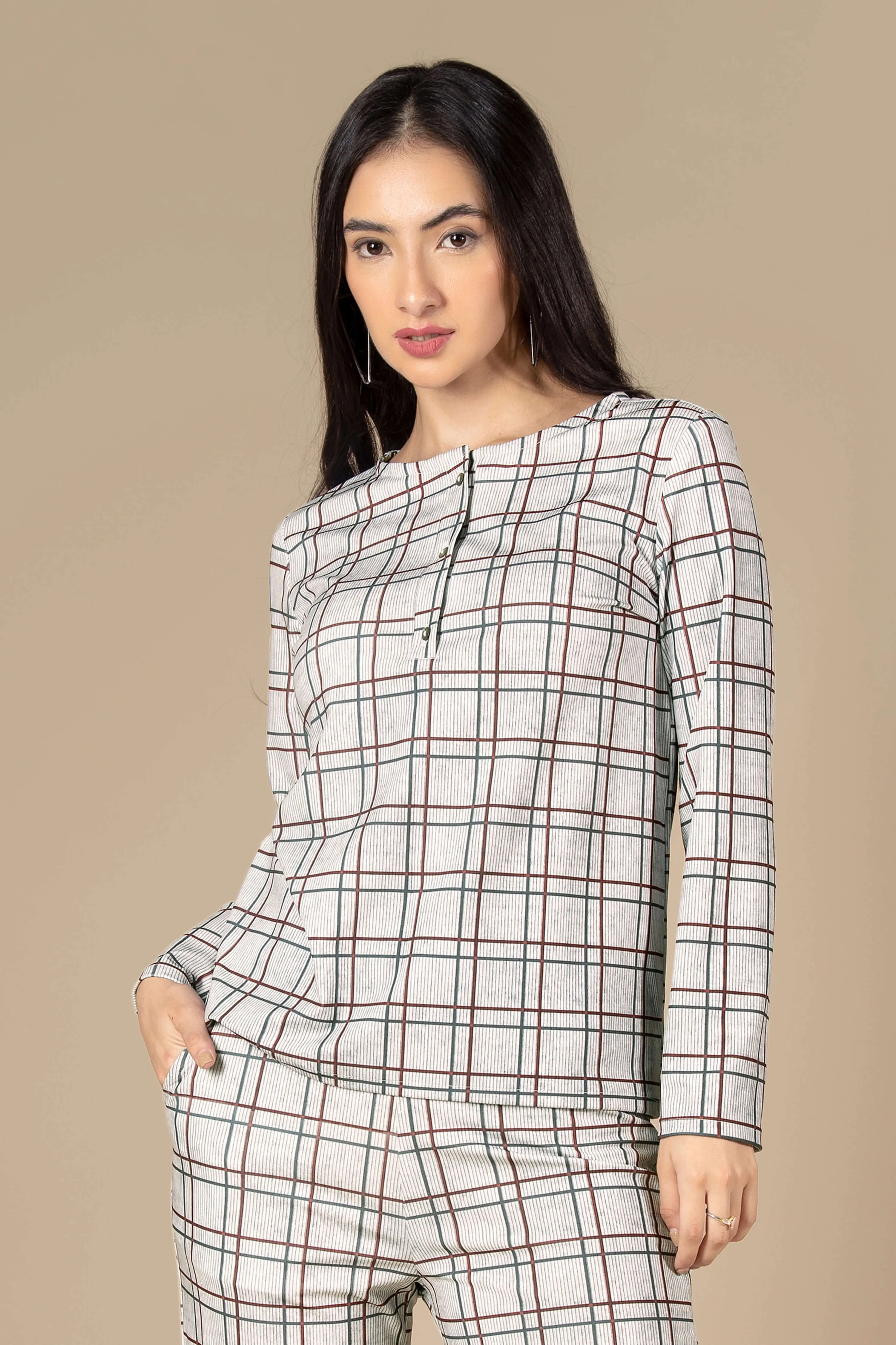 Checks Round Neck Top For Women