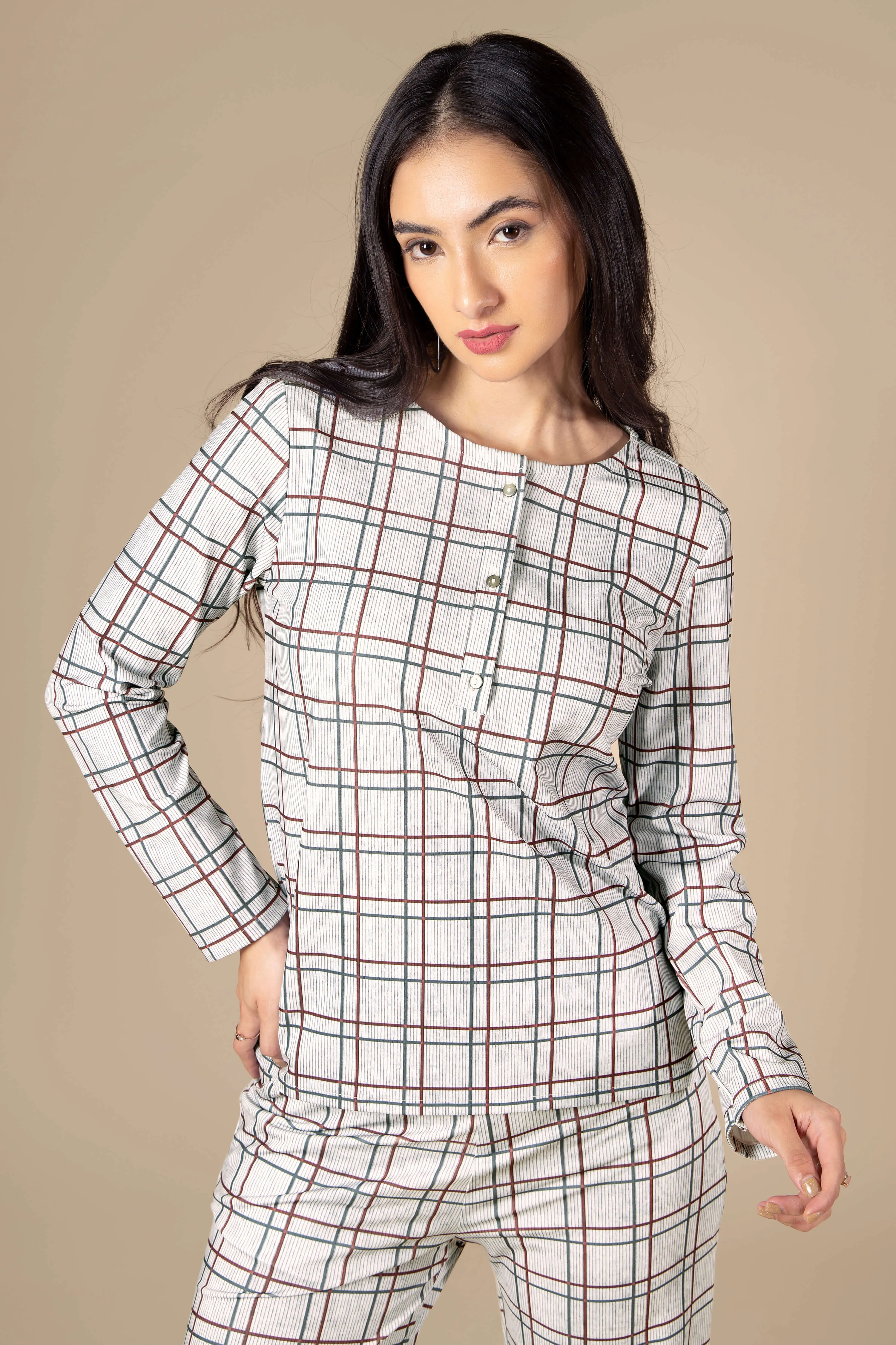 Checks Round Neck Top For Women