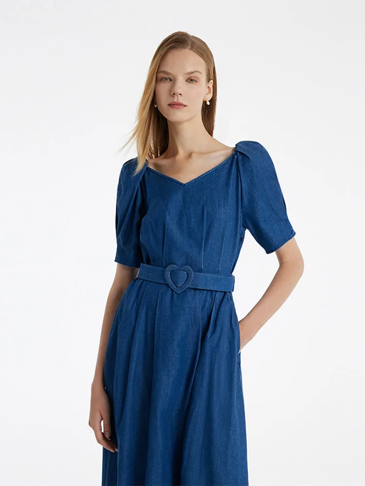 Denim Women Midi Dress With Heart-Shaped Buckle Belt