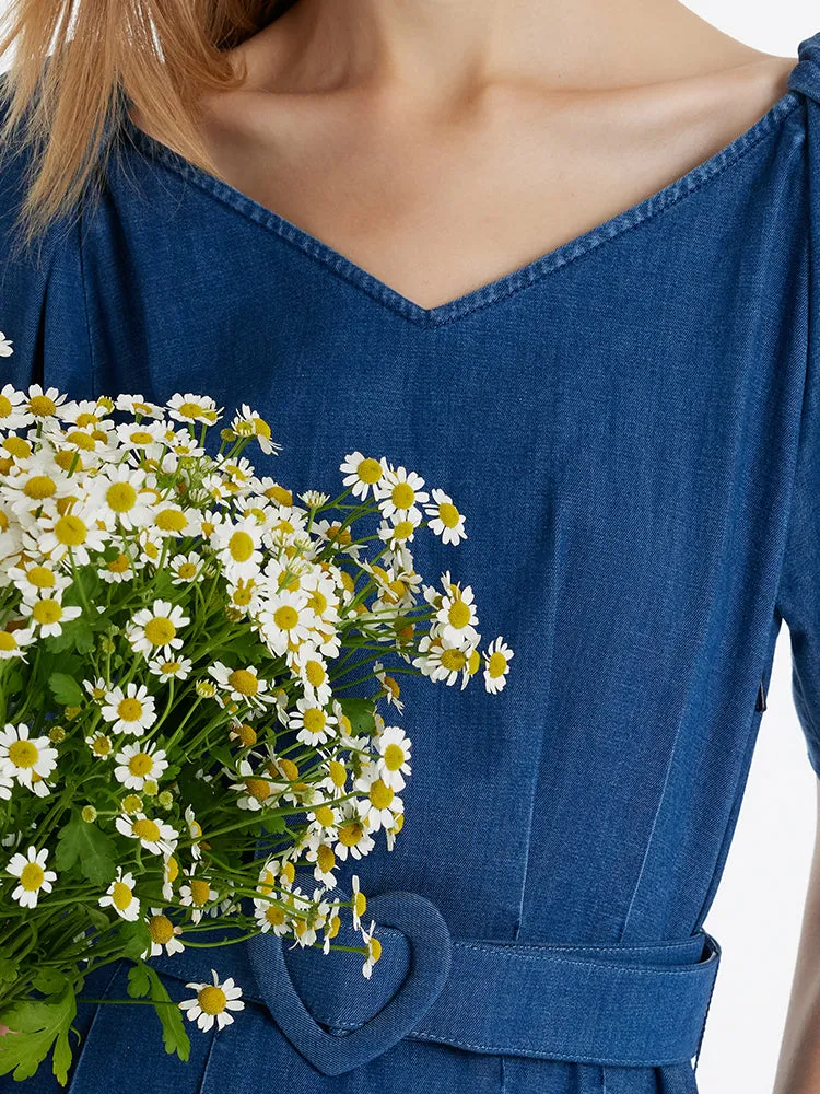 Denim Women Midi Dress With Heart-Shaped Buckle Belt