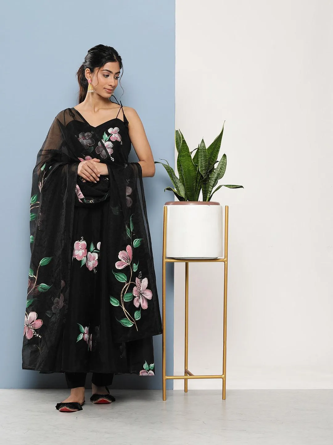 Divena Black Hand Painted Floral Organza Anarkali Kurta Pant Set with Dupatta