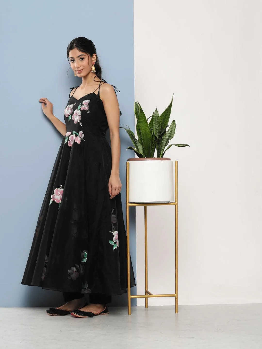 Divena Black Hand Painted Floral Organza Anarkali Kurta Pant Set with Dupatta