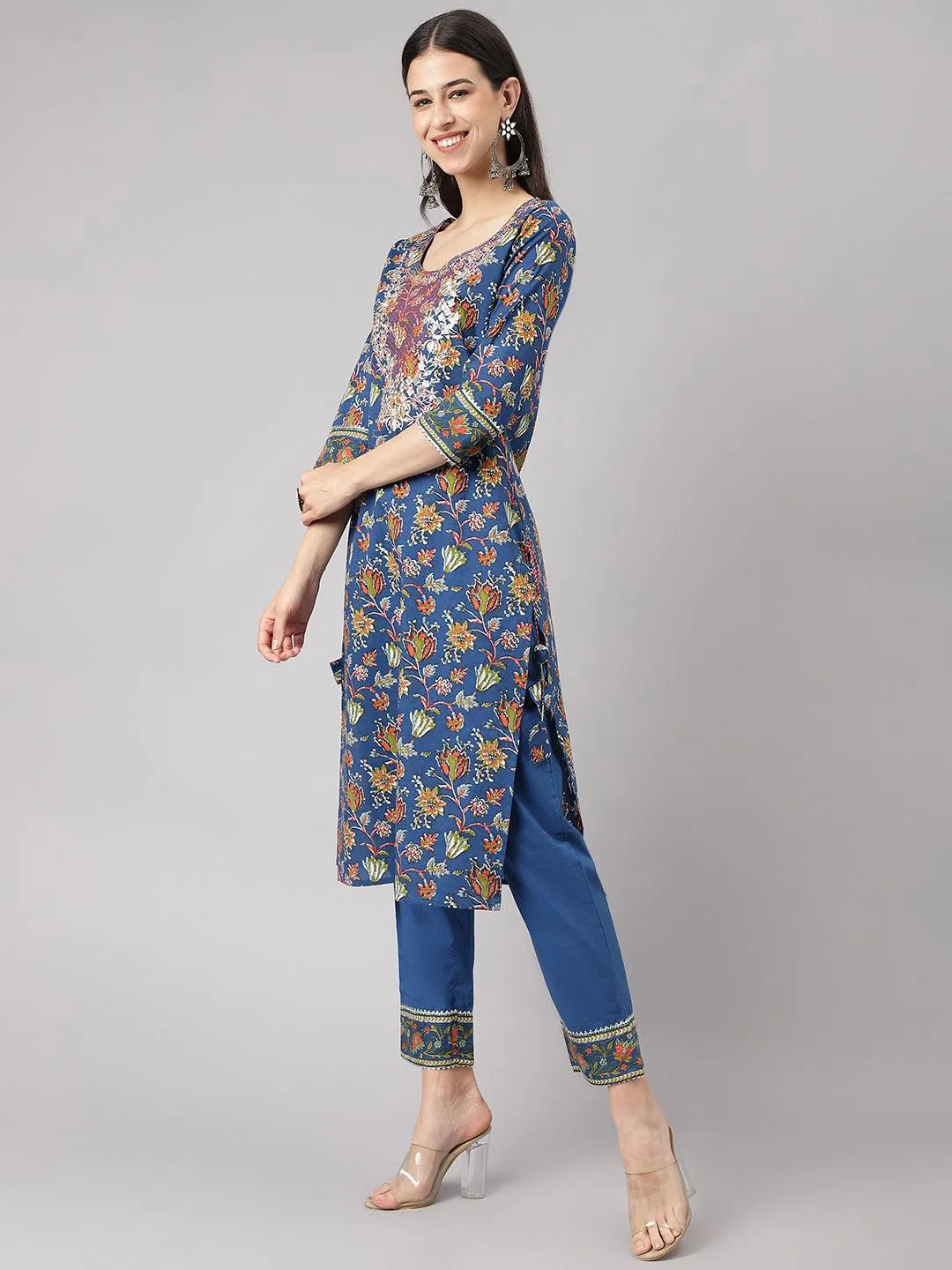 Divena Blue Floral Printed Kurta Pant Set with dupatta