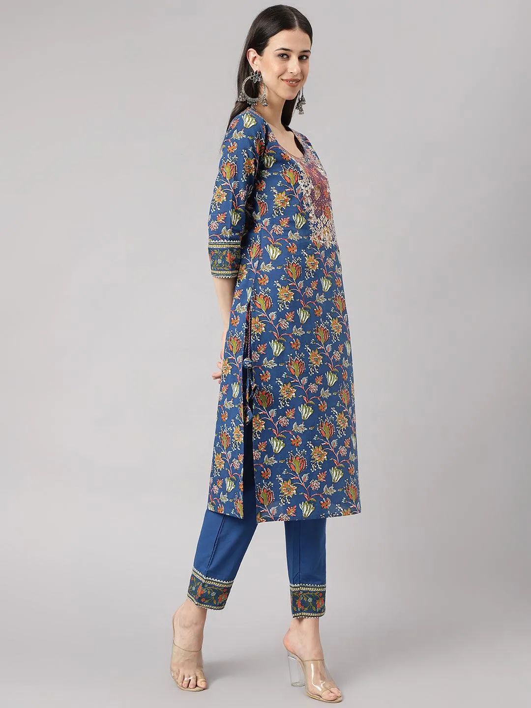 Divena Blue Floral Printed Kurta Pant Set with dupatta