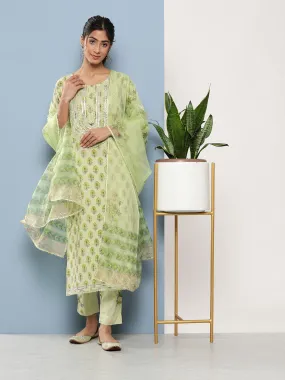 Divena Green Cotton Straight pant set with Organza Dupatta