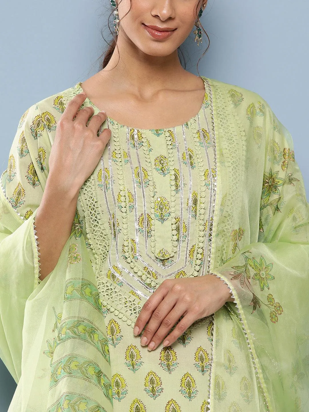 Divena Green Cotton Straight pant set with Organza Dupatta