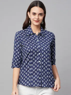 Divena indigo Block Printed Casual Women Shirts