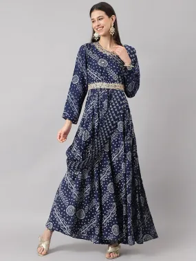 Divena Navy Blue bandhani Printed Muslin Zari work Drape style Flared Gown