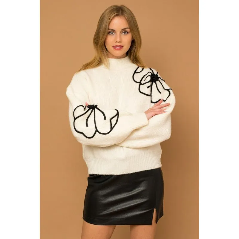 Flower Embroidery Mock Neck Sweater