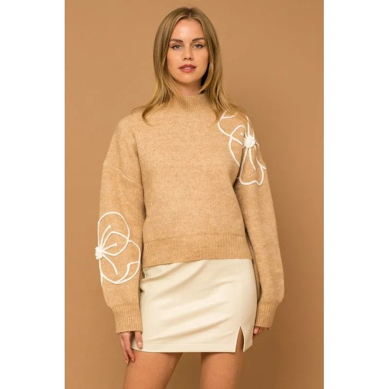 Flower Embroidery Mock Neck Sweater