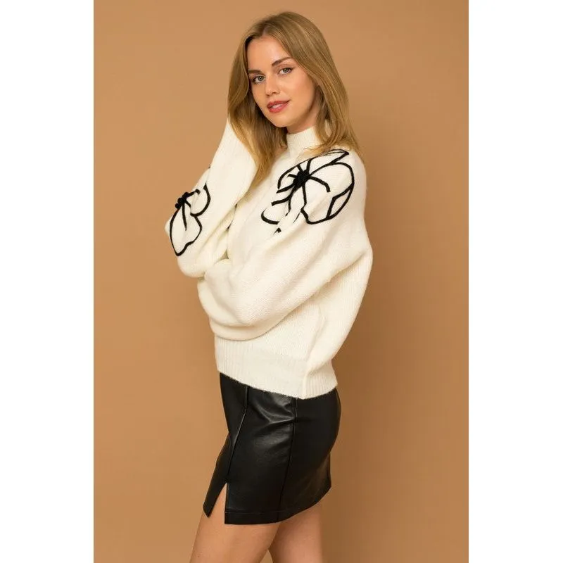 Flower Embroidery Mock Neck Sweater