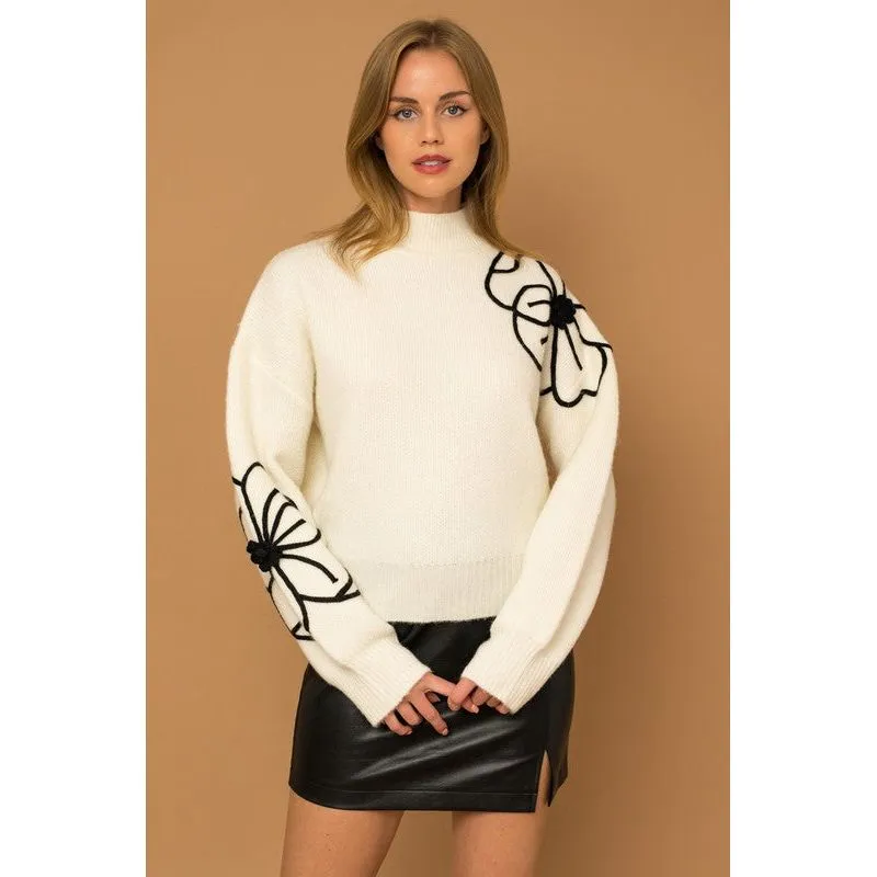 Flower Embroidery Mock Neck Sweater