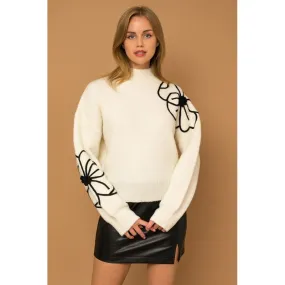 Flower Embroidery Mock Neck Sweater