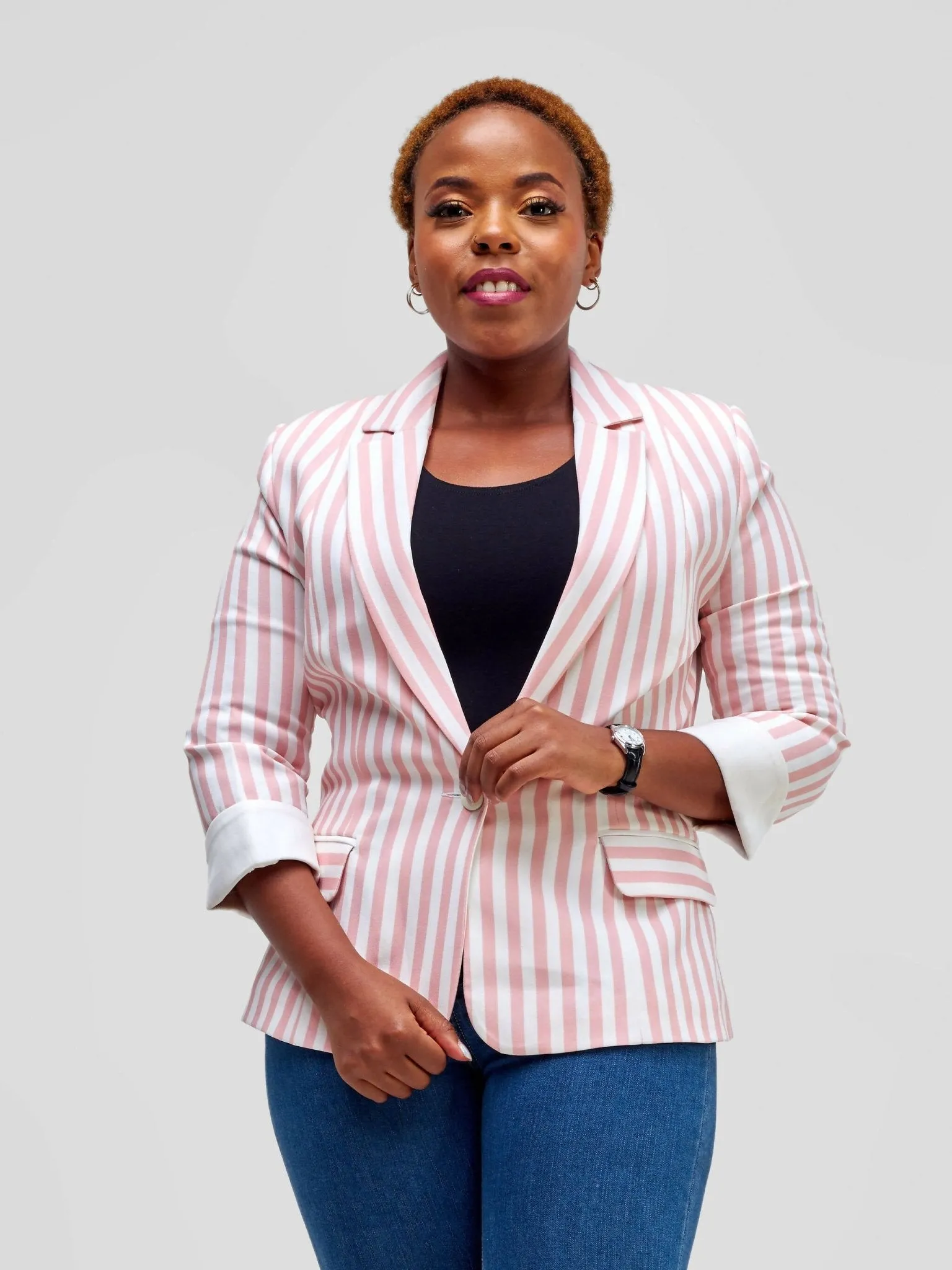 Immaculate Chic Mangosteen Striped Blazer - Pink / White